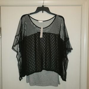 Size Medium Crop Fishnet Shirt Top, Sheer Poncho Style Blouse Black Mesh